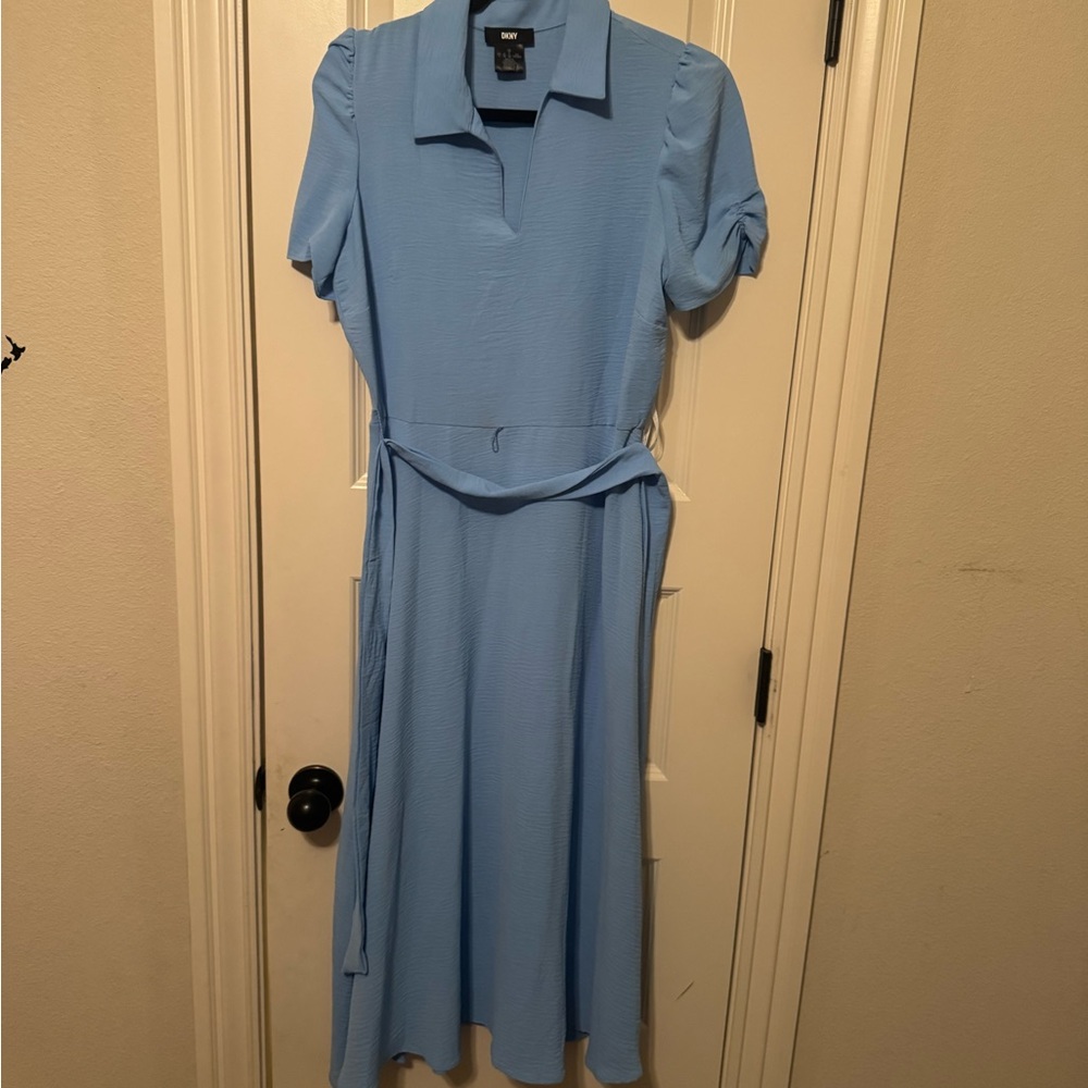 DKNY Sky Blue Collared Midi Dress with Tie Waist